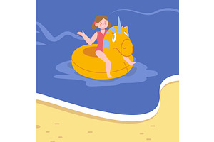 Happy girl floating in sea on rubber, a Sport Illustration by LadadikArt