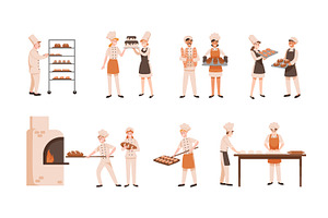 Bakers baking bread, buns set, a Person Illustration by Good Studio