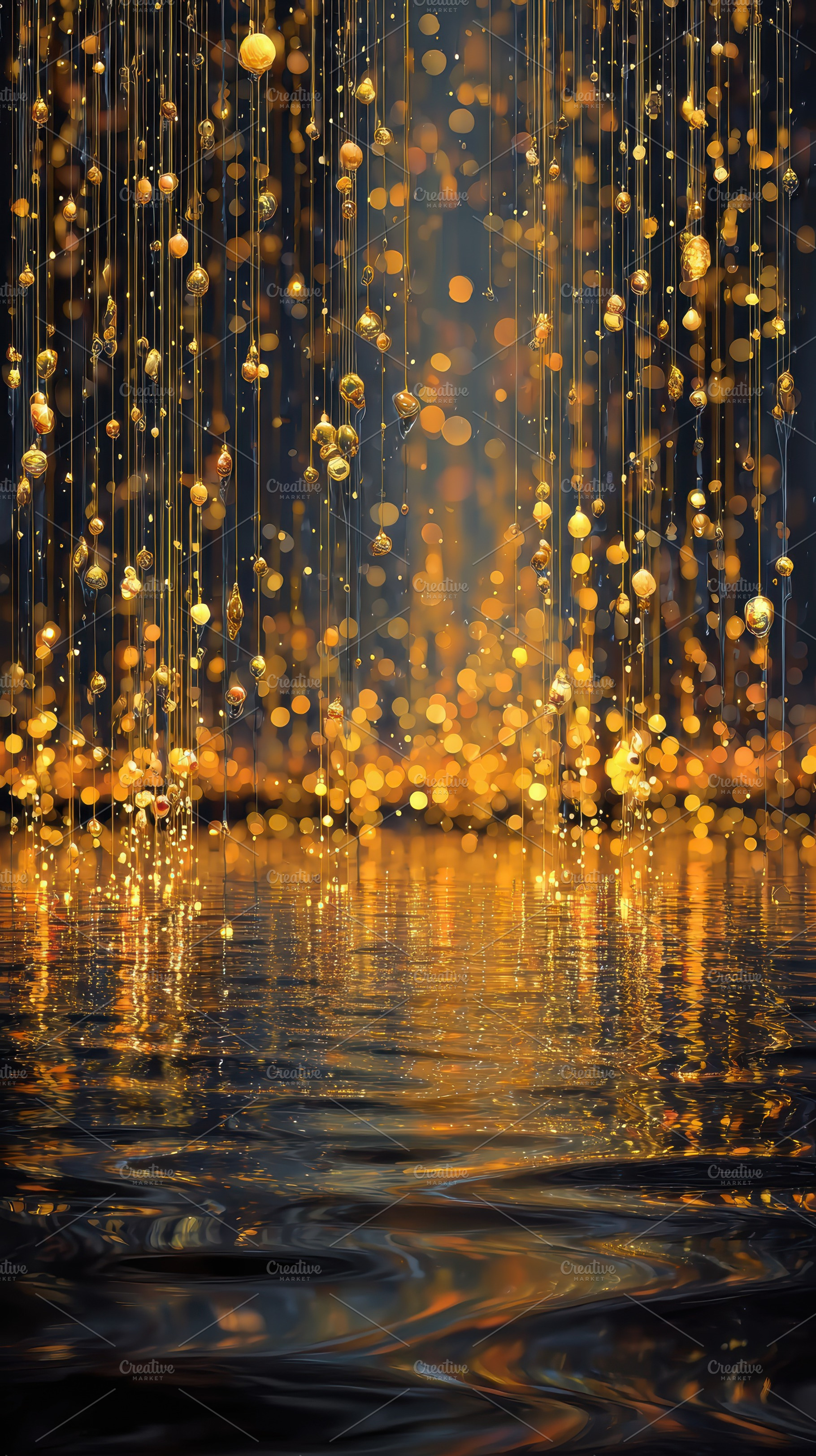 Golden droplets falling into dark wa, an Abstract Photo by Pixeness Studio