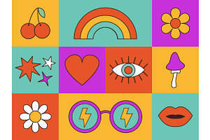 Groovy Retro Icon Set. Flat Design