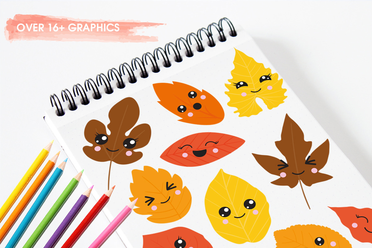 Kawaii Fall Leaves, an Illustration by PrettyBundles (Photo 3 of 5)