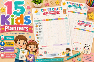 15 Kids Planners Printable Bundle, an Education Illustration by TukTuk Design
