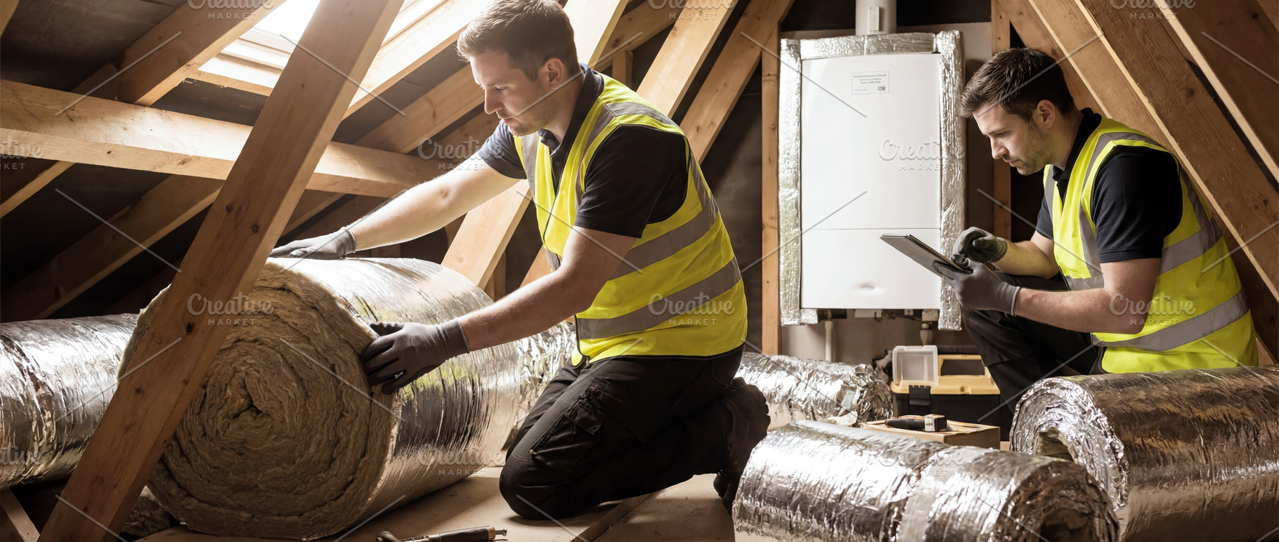 Worker prepare reflective insulation, an Industrial Photo by Shootdiem