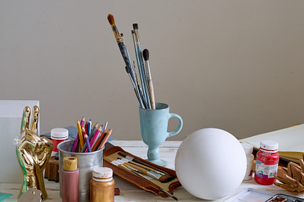 Artist studio with paper and utensil containing artistic, white, and tool, an Arts & Entertainment Photo by Asya Nurullina