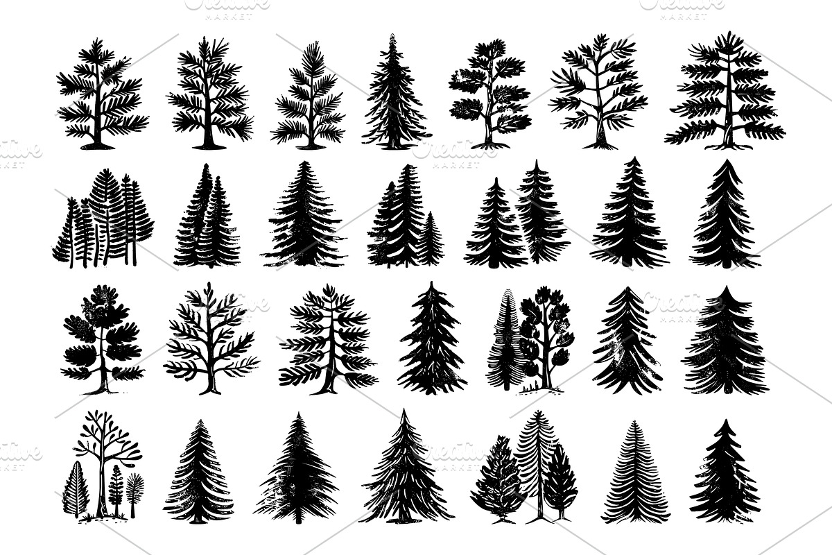 Pine Trees Linocut Print Style Icons, an Object Illustration by LadadikArt