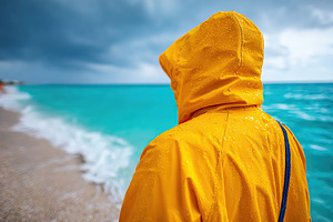 Person in a yellow rain jacket walks along the beach during a stormy day at the, a Person Photo by AlyaAnd