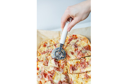 Juicy delicious slice of pizza with, a Food & Drink Photo by Artsaba Family