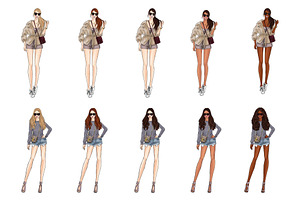 Girls In Shorts Fashion Clipart Set