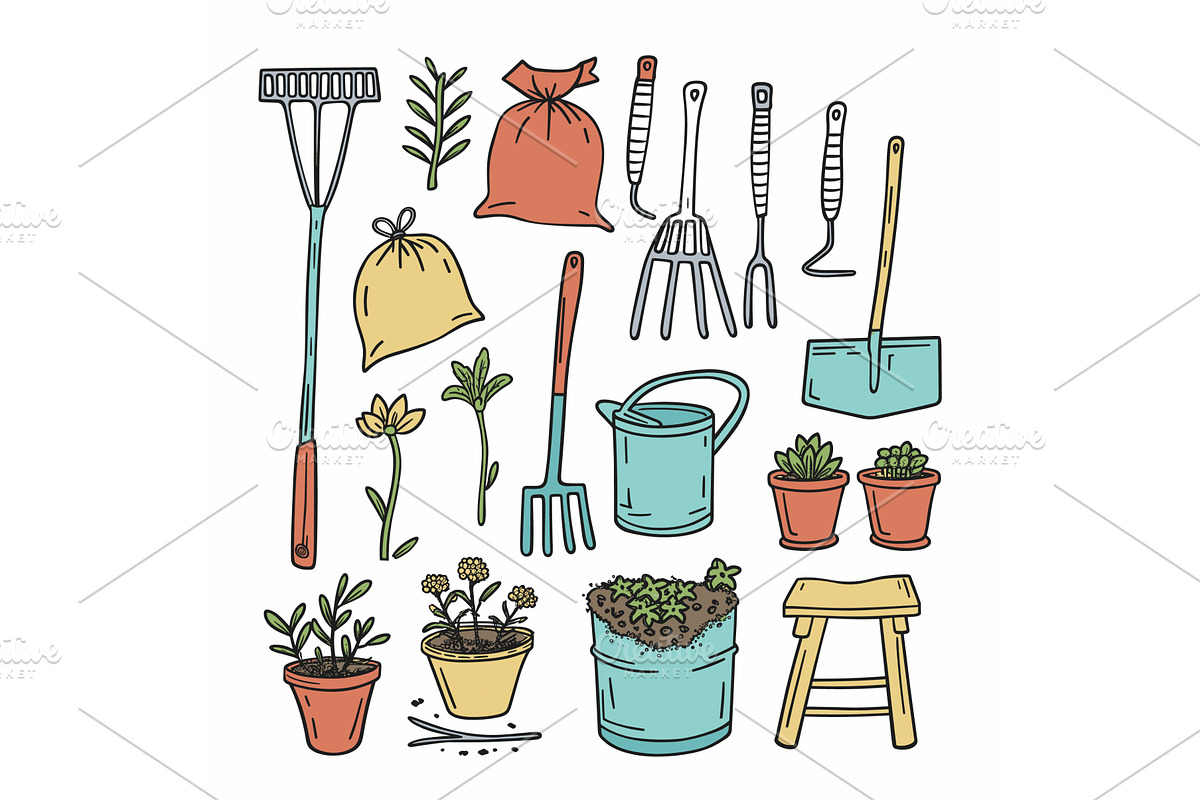 Hand drawn colorful gardening tools, an Object Illustration by Vectorstockersland