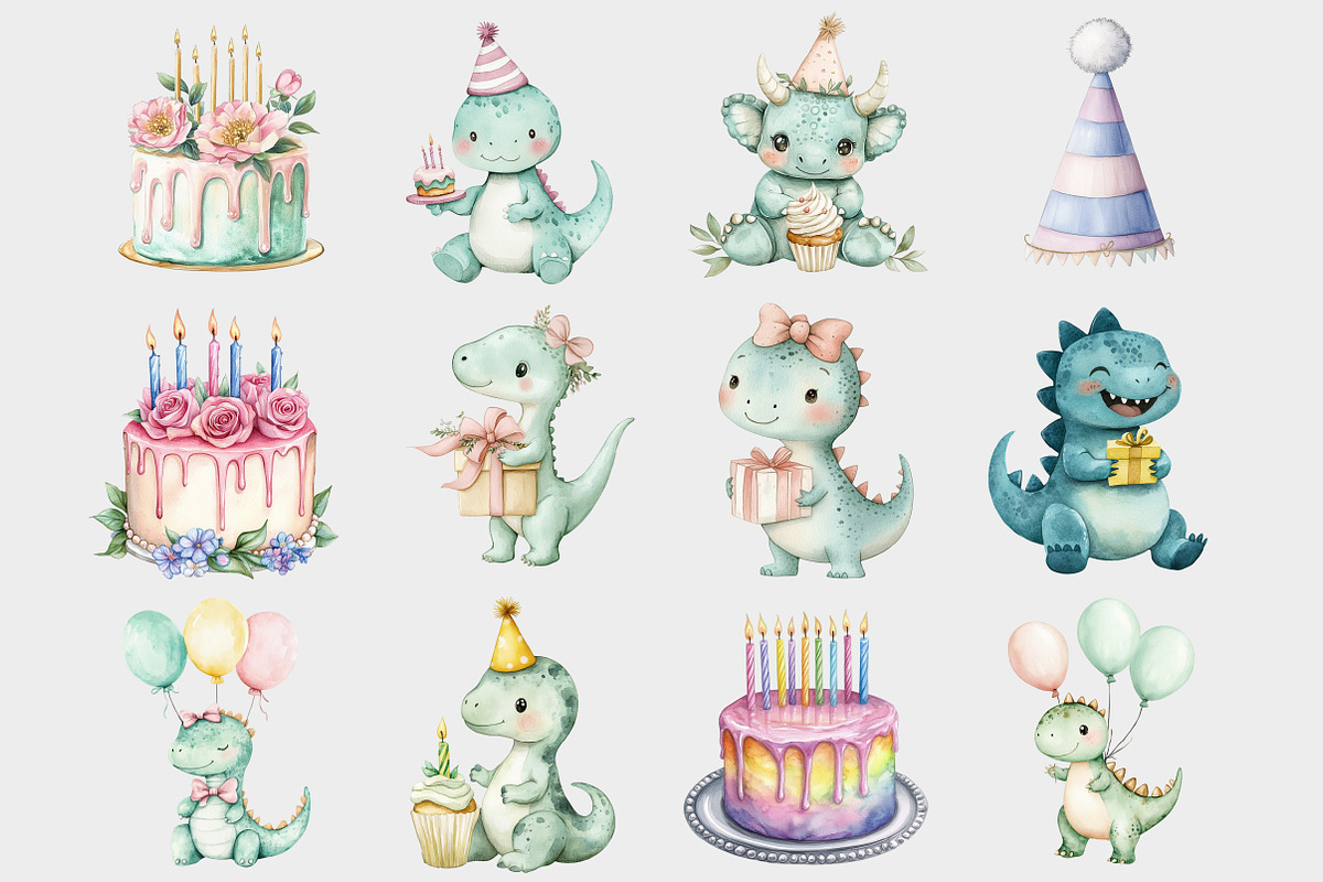 Watercolor Dino Birthday Clipart, a Seasonal Illustration by Design Market (Photo 2 of 5)