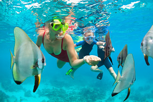 Mother kid dive in snorkeling mask containing snorkel, family, and holiday