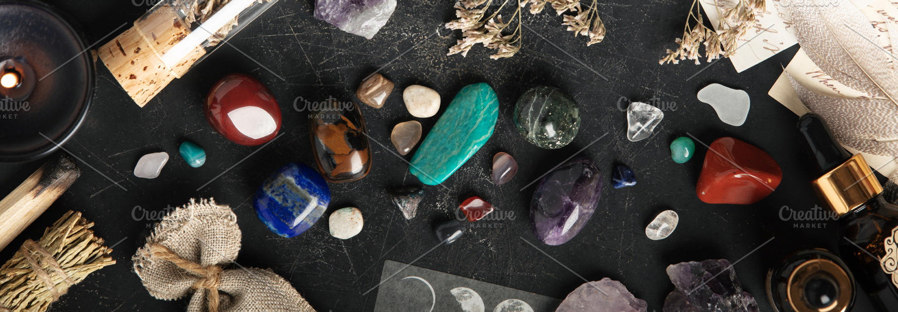 Mystical Flat Lay of Sage, Crystals, and Dried Herbs on Dark Sur, an Arts & Entertainment Photo by Natalia Klenova's Shop
