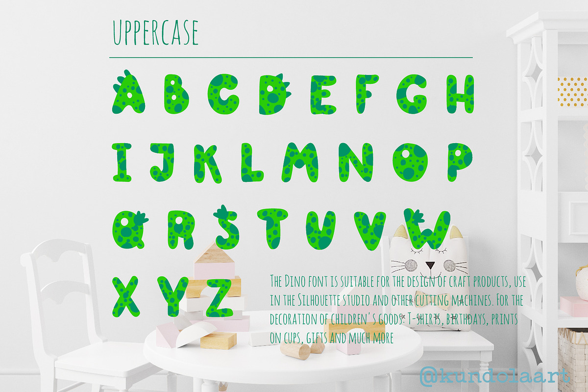 Dino green Font. Color cute dinosaur, a Font by KundolaArt (Photo 2 of 12)