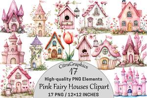 Watercolor Pink Fairy Houses Clipart, a Seasonal Illustration by CitraGraphics