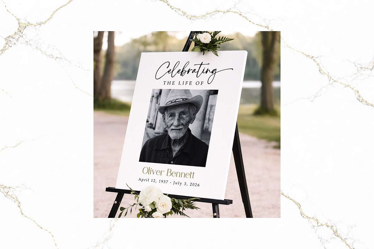 Funeral Welcome Sign B&W Canva FR001, a Poster Template by TyphoonStudio (Photo 4 of 8)