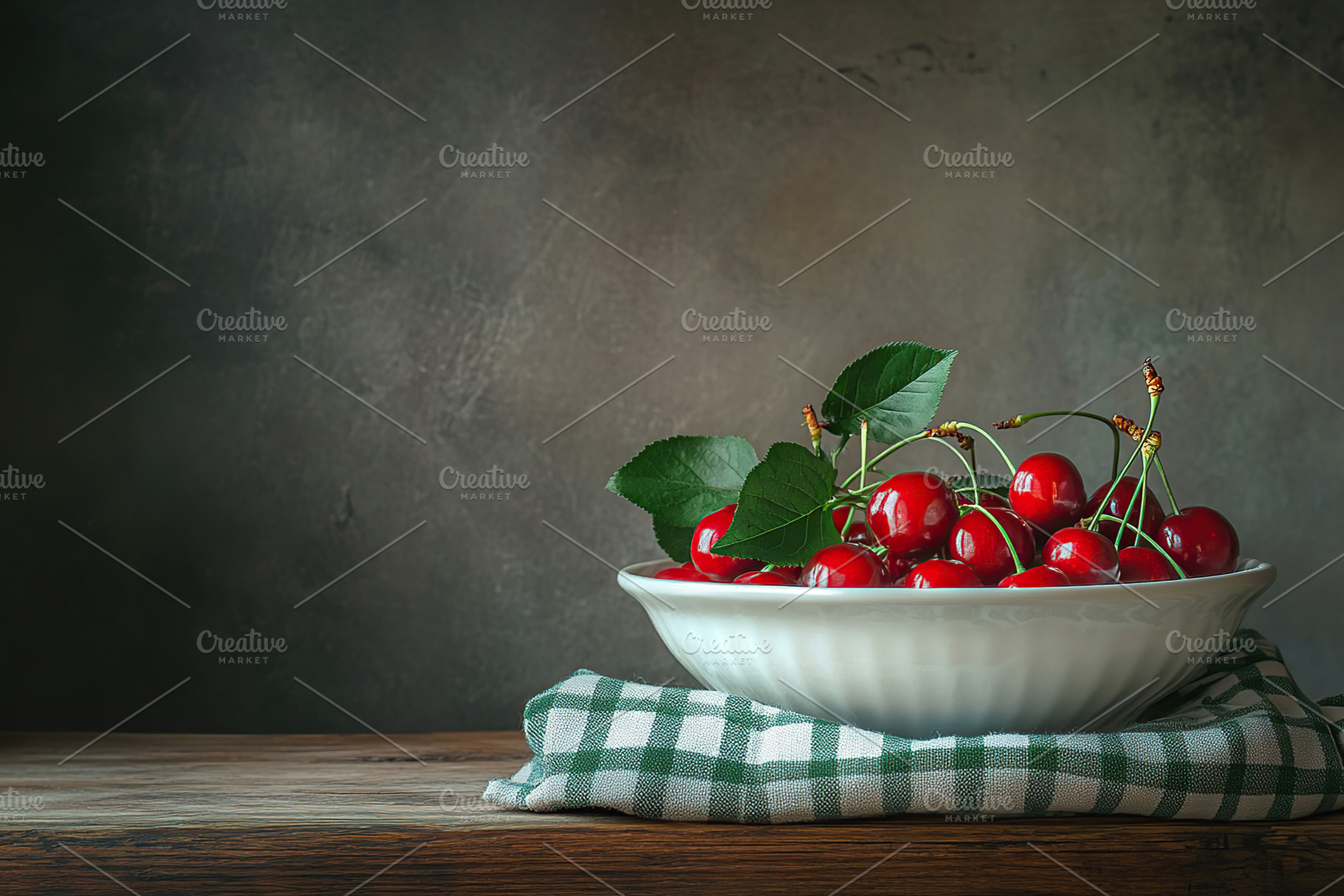 Delicious ripe red cherries in a white ceramic bowl on a rustic, a Food & Drink Photo by AlyaAnd