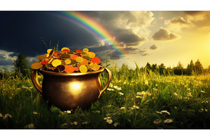 treasure rainbow and pot of gold ai, a Nature Photo by pikepicture