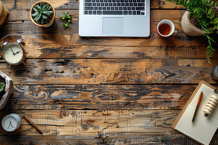 Cozy workspace with laptop, notepad, and plants on wooden desk