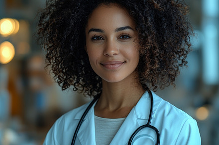 Female doctor smiling and holding a tablet in a hospital setting, a Photo by AS photostudio