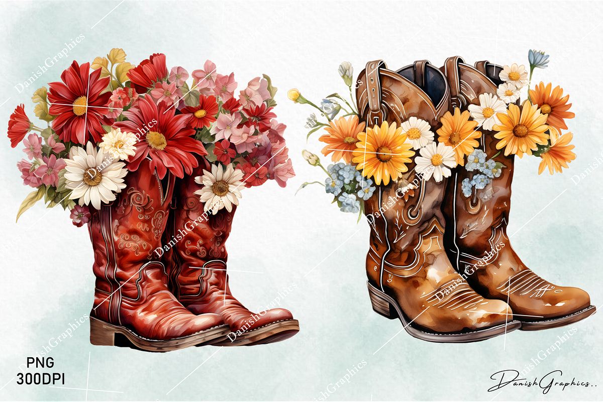 Western Floral Cowboy Boots Clipart, a Decorative Illustration by danishgraphics (Photo 4 of 6)