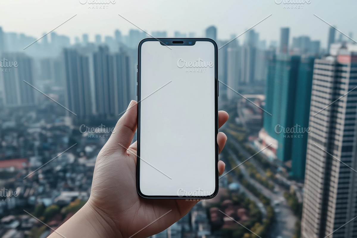 A person holding a smartphone iPhone mockup with a blank screen against a city, an iPhone Mockup by Textures & Backgrounds