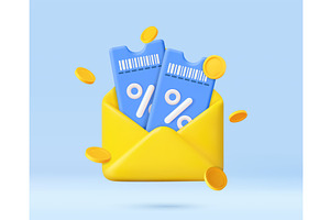 3D discount coupons and coins in, a Finance Illustration by ModVector