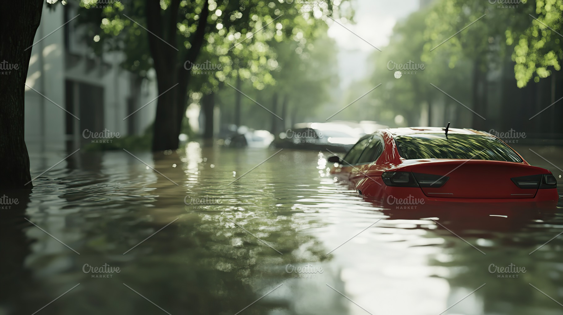 Flooded city streets with cars after heavy rain, a Photo by AlyaAnd