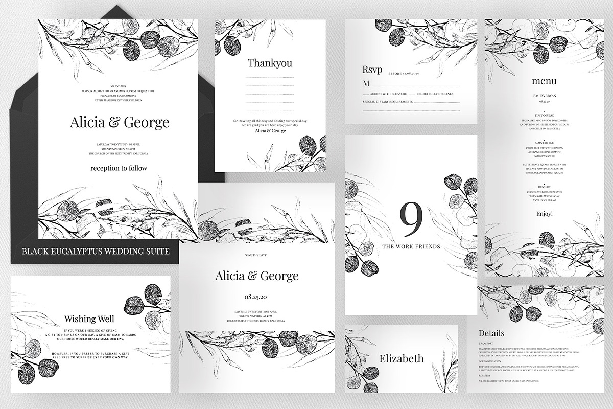 Black Eucalyptus Wedding Suite, an Invitation Template by Azka Creative (Photo 1 of 5)