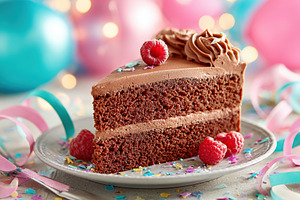 Delicious chocolate sponge cake slice layered with creamy frosting and fresh ra, a Food & Drink Photo by AlyaAnd
