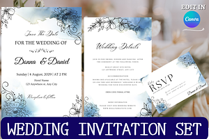 MINIMAL Blue WEDDING Invitation SET