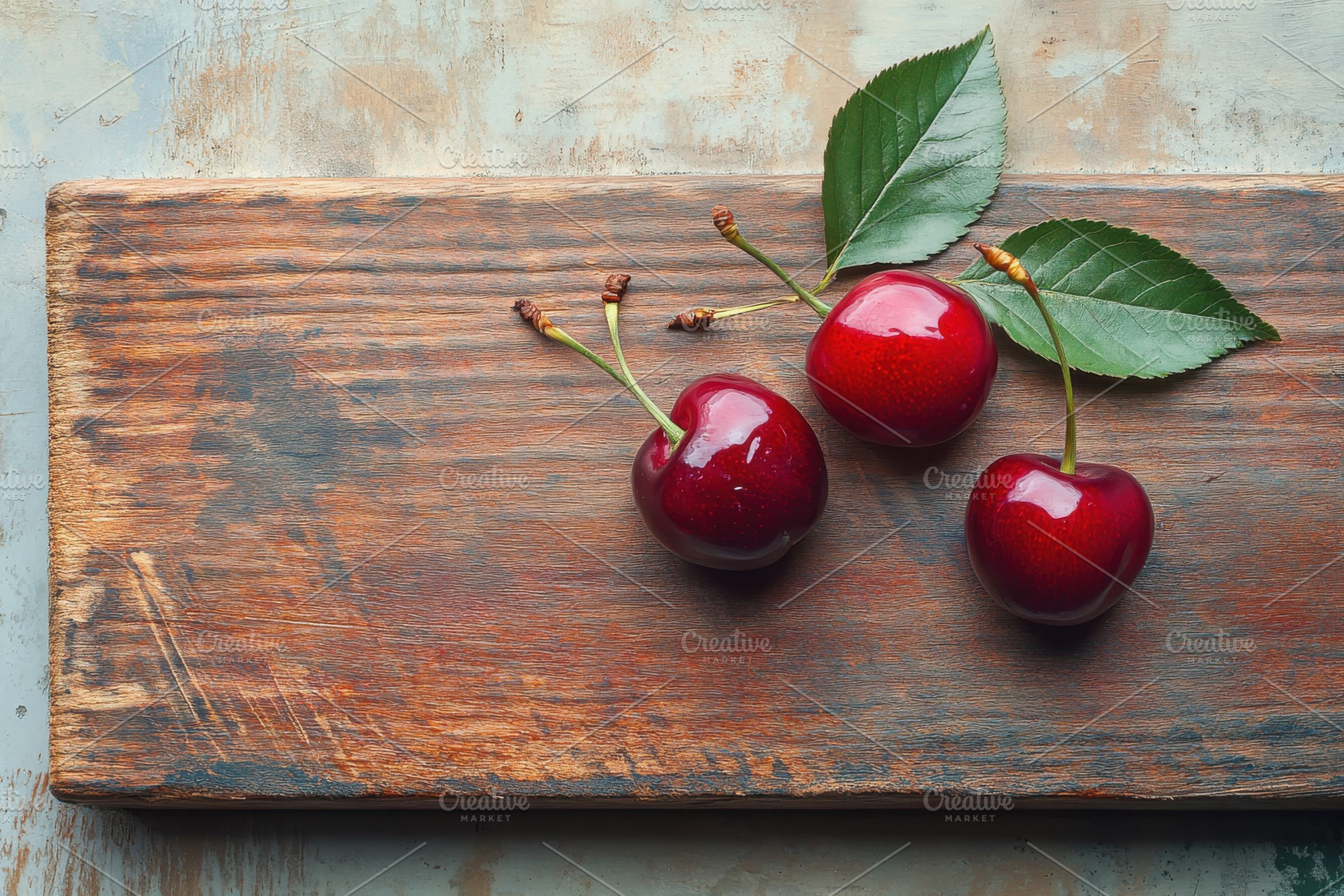 Ripe cherries with green leaves plac, a Photo by Iftikhar Alam