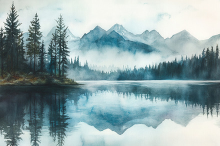 Serene watercolor of misty mountains, a Photo by Pavel_design