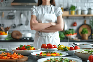 Female chef cooking vegan dishes in the kitchen, a Photo by AlyaAnd