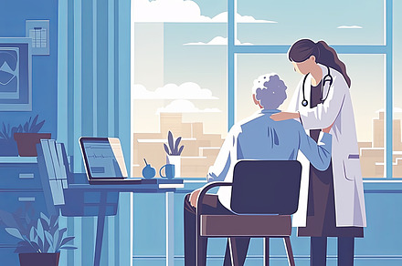Compassionate doctor comforting elderly patient in modern medical office, an Illustration by AS photostudio