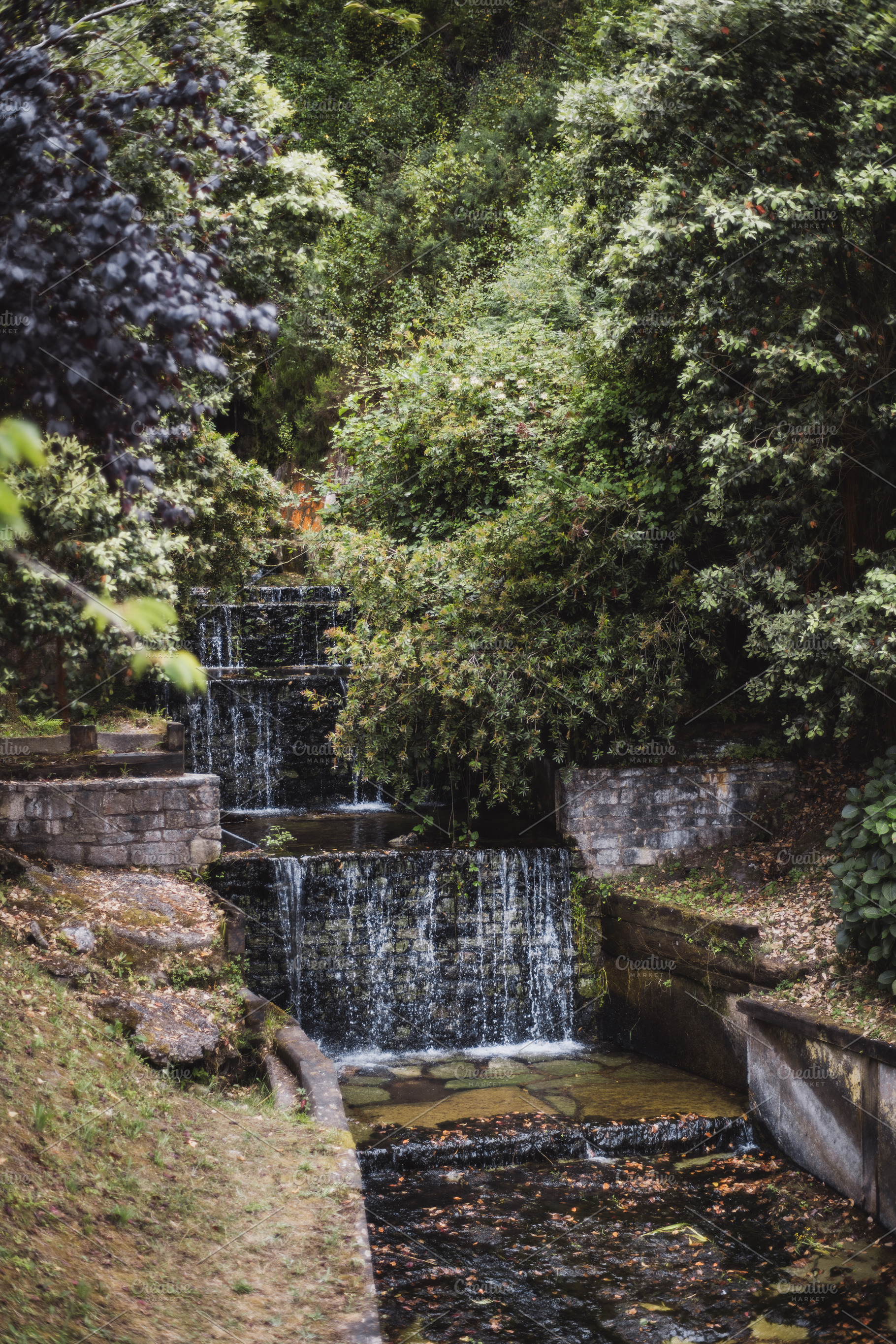 Cascading waterfall in park nature, an Architecture Photo by SkyNext