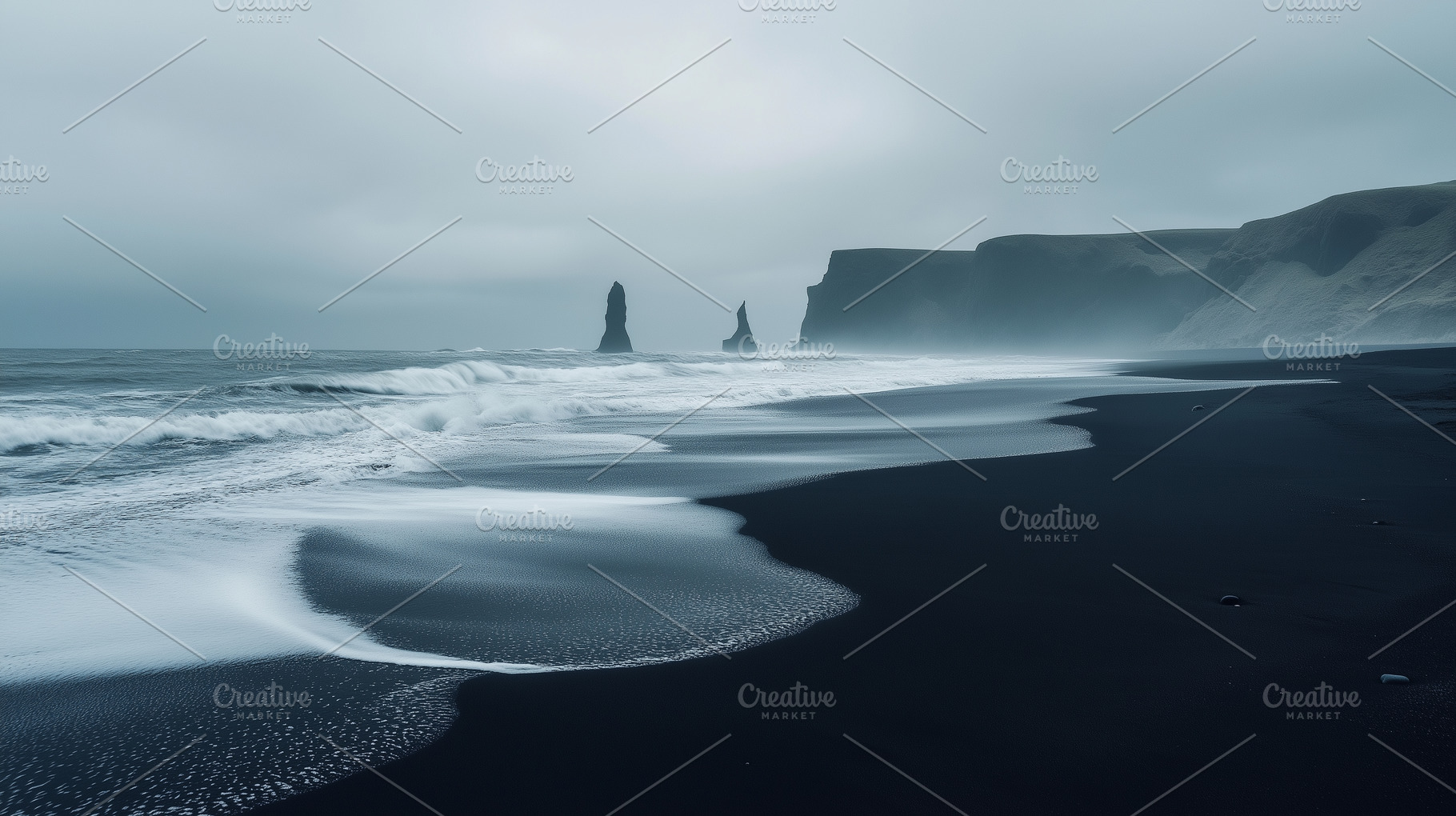 Waves crashing on black sand in mist, a Nature Photo by MistyDay
