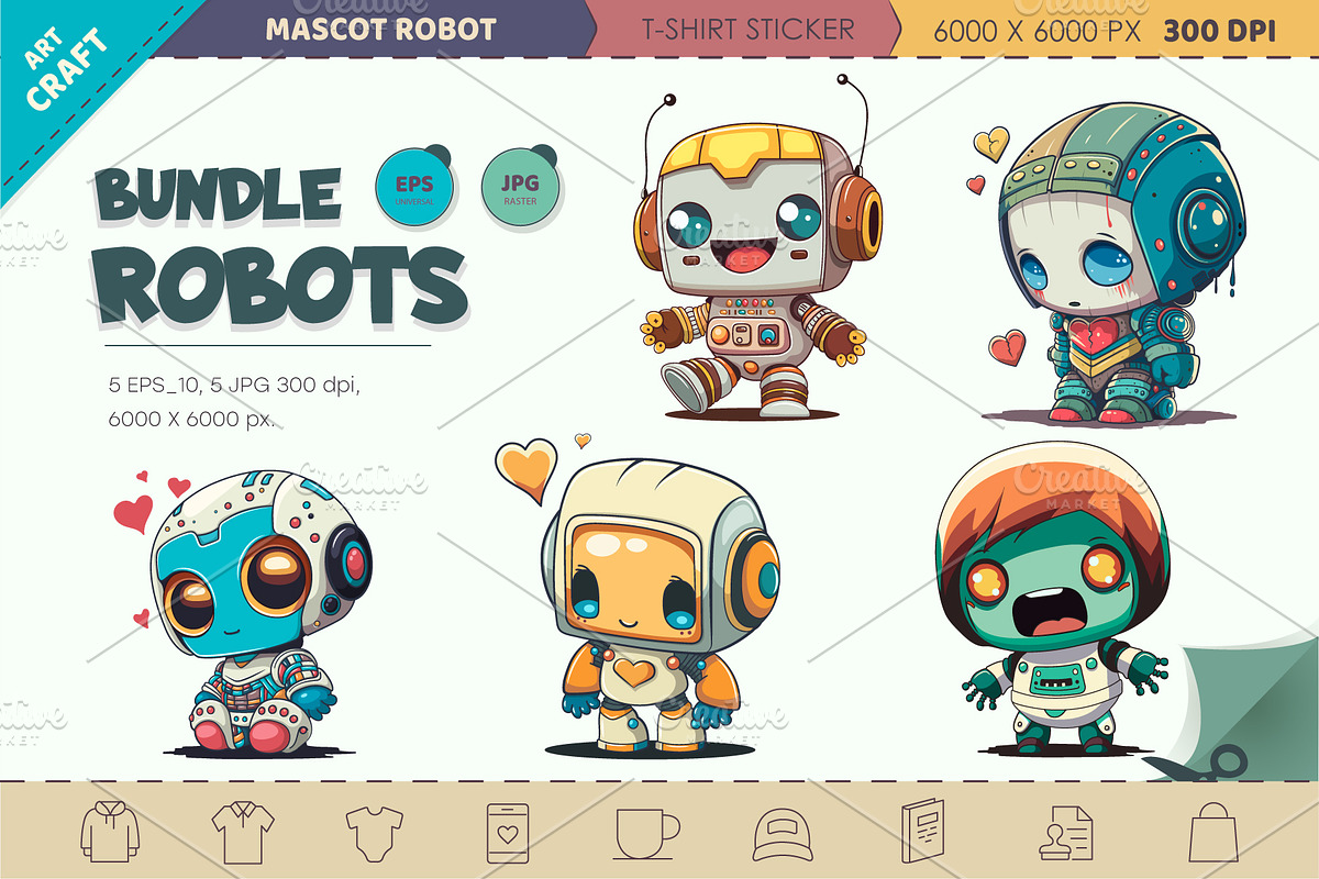 Bundle Cartoon Robots 01. T-Shirt., an Animal Illustration by KENO Mascots (Photo 1 of 3)