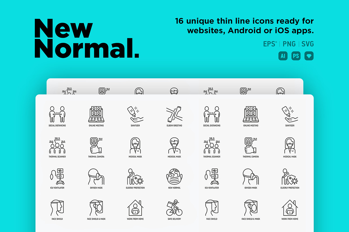 New Normal | 16 Thin Line Icons Set, an Outline Icon by Alex Blogoodf (Photo 2 of 15)