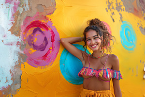 Joyful Young Woman Posing Against Vibrant Graffiti Wall