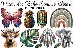 Watercolor Boho Summer Clipart Set, an Illustration by RobertsArt