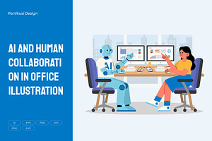 AI and Human Collaboration in Office, a Technology Illustration by Partikusi Design