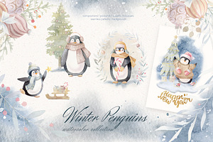 Winter Penguins - Watercolor Clipart