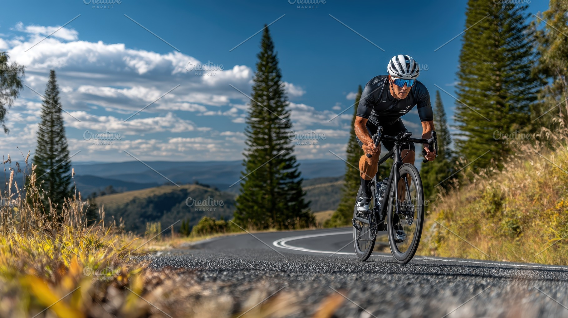 Cyclist riding road bike scenic moun, a Photo by Pixeness Studio