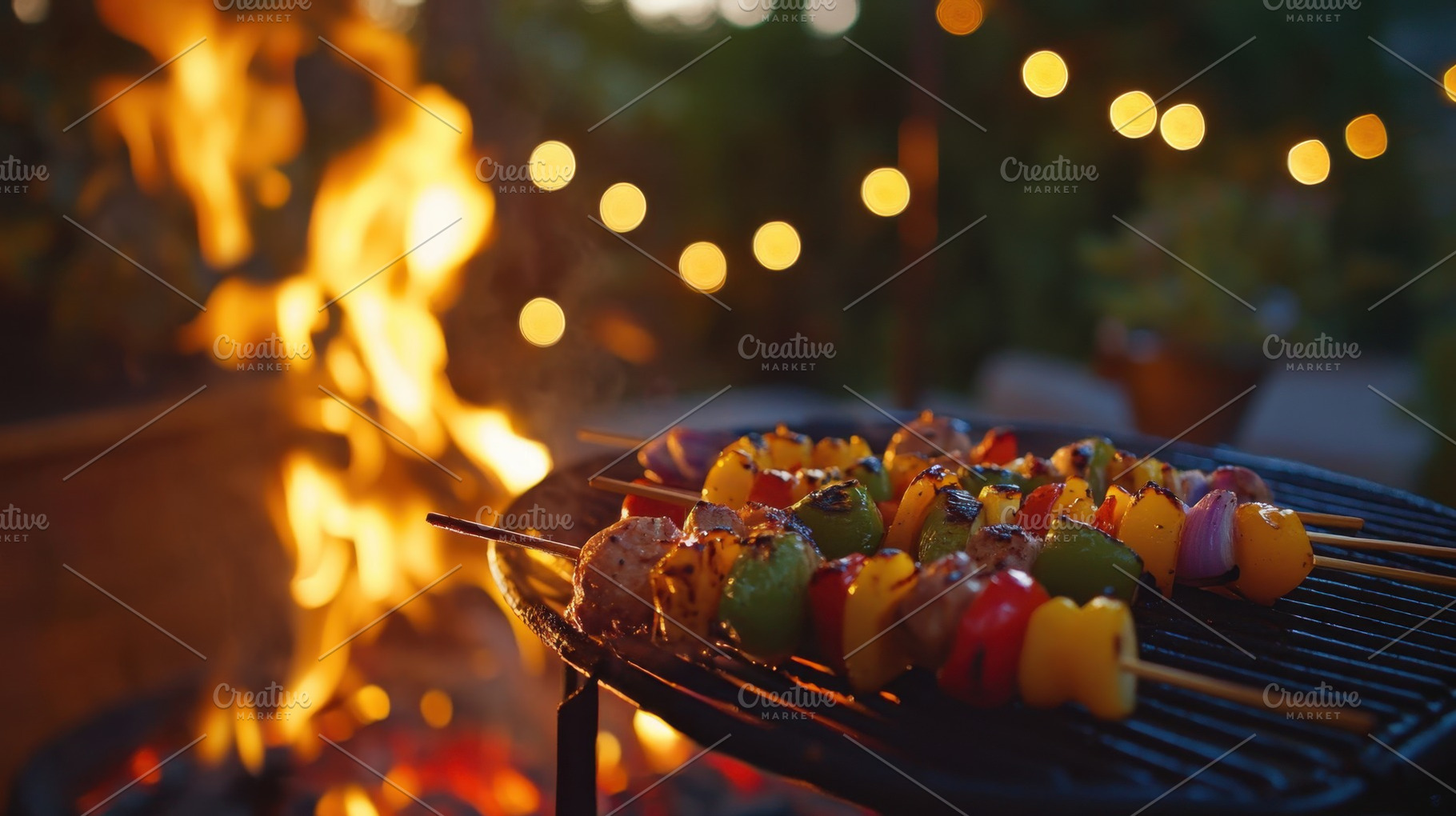 Grilling kebabs at sunset gathering, a Photo by Beautiful things