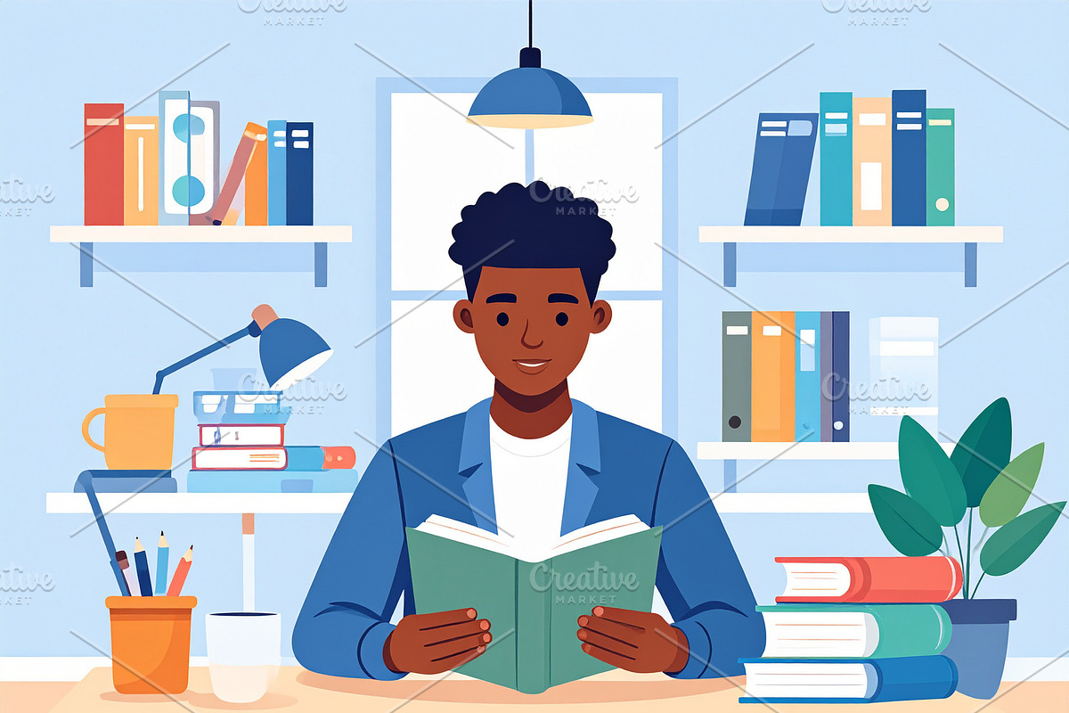 Student deeply concentrated on a book, surrounded by a calm room, an Education Illustration by DanFLCreativo