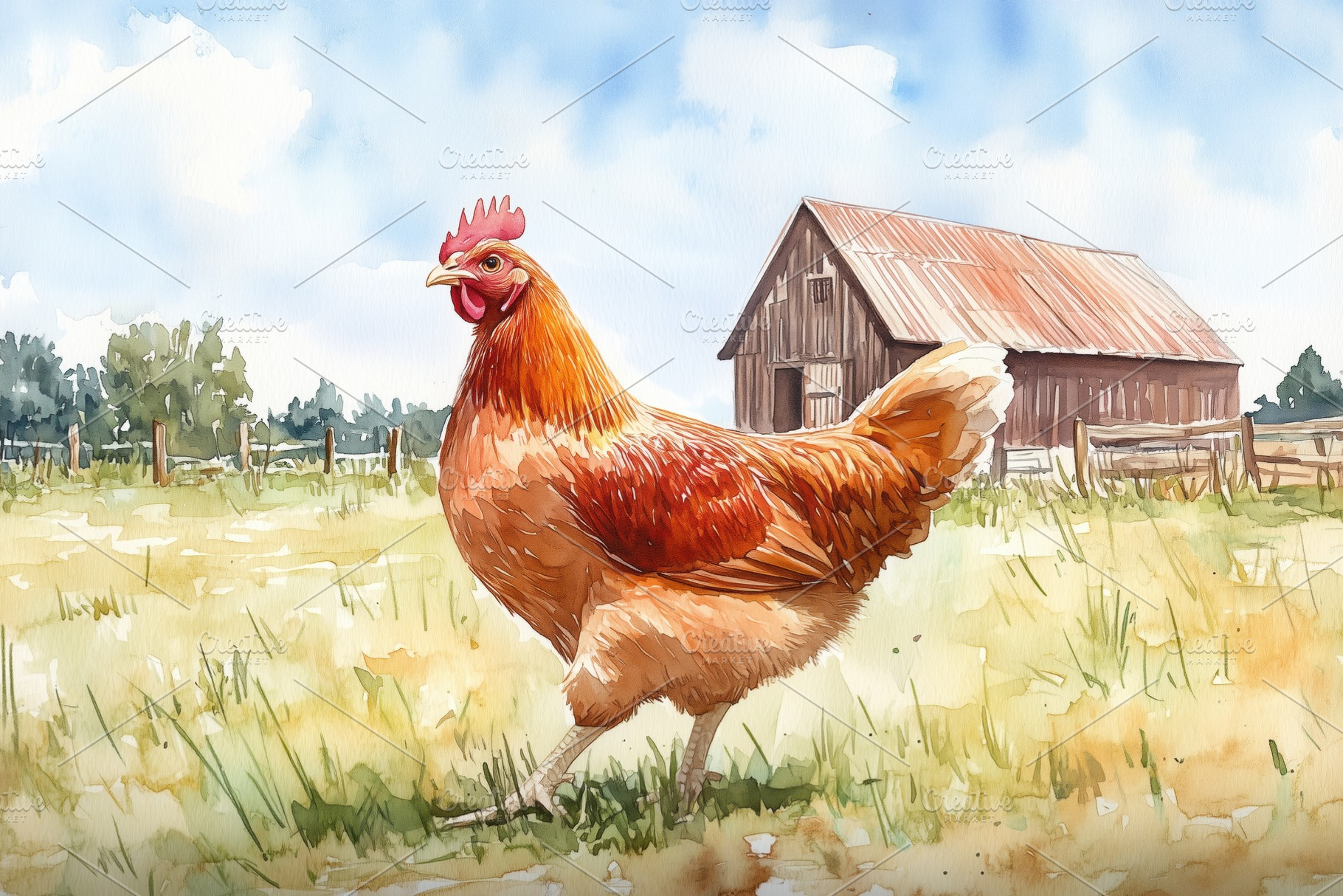 A vibrant watercolor painting of a rooster walking in a grassy field, with a ru, an Animal Photo by Textures & Backgrounds