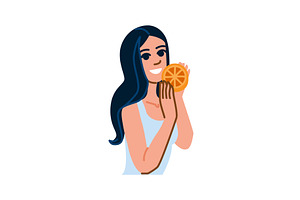 Young woman holding orange slice and, a Food Illustration by pikepicture