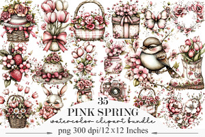 Watercolor Pink Spring Clipart, an Illustration by Designking
