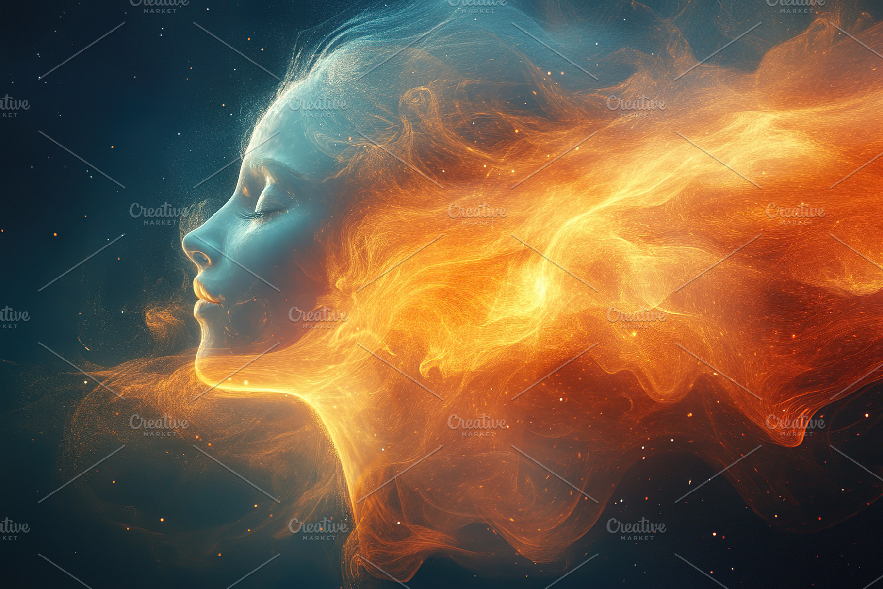Ethereal woman with flowing flames and cosmic backdrop, an Abstract Photo by AlyaAnd