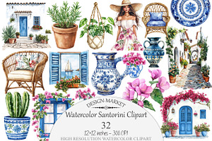 Watercolor Santorini Clipart, a Seasonal Illustration by Design Market